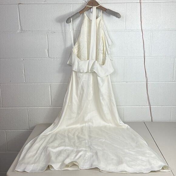 New Jill Stuart Ruffle Halter Gown, ivory, 6 Satin bridesmaid long high slit - Picture 5 of 6